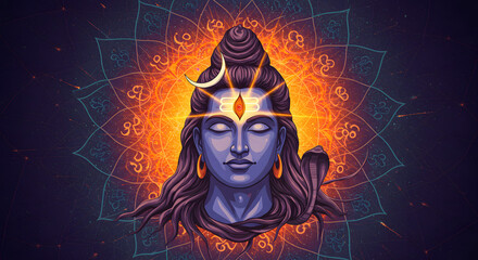 Lord Shiva's Serene Face with Third Eye and Crescent Moon, Cosmic Mandala Background - Spiritual, Mystical, Hindu Deity Art