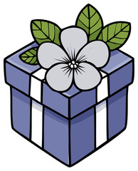 Illustrated Gift Box with Flower and Green Leaves Present in Purple Box with White Ribbon