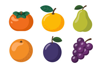 Citrus and stone fruit vector illustrations, orange plum grape pear peach icons, fresh market produce, colorful food graphics