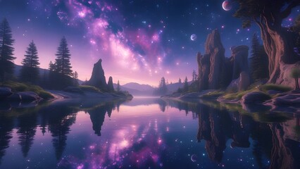 Magical night landscape with a glowing cosmic sky reflected in the serene water of a fantasy world