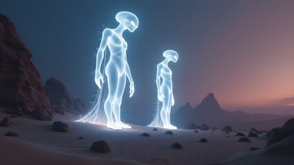 Two luminous alien beings materialize on a desolate exoplanet, a futuristic sci-fi concept of extraterrestrial visitation