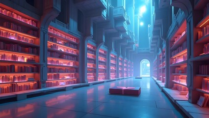 Architectural interior of a majestic library with luminous books creating a magical and scholarly atmosphere