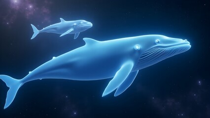 Majestic glowing blue whales, a mother and her calf, gracefully navigating the cosmic ocean of a star-filled galaxy