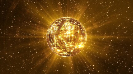 Golden disco ball reflecting sparkling lights vibrant party bokeh 3D effect spinning reflecting blue rays of light music videos, LED screens , glamour fashion events, jazz, pops, funky disco party. - Powered by Adobe