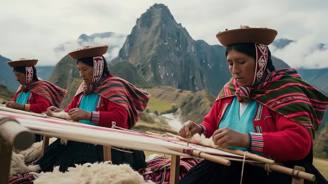 Women Weaving Textiles in Traditional Attire Against Majestic Andean Mountains