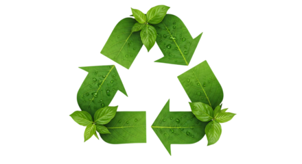 Green Leaf Recycling Symbol with Water Droplets leaves isolated on a transparent background