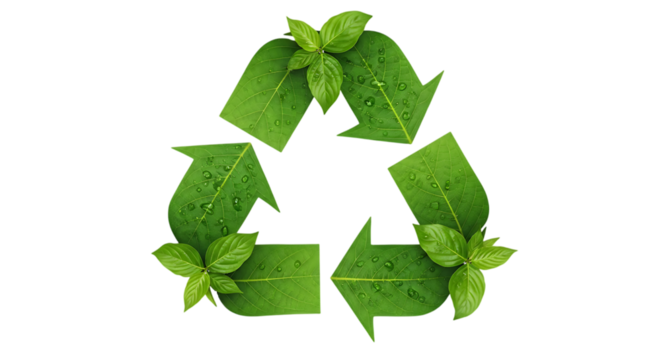 Green Leaf Recycling Symbol with Water Droplets leaves isolated on a transparent background