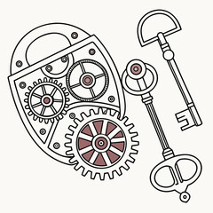 Steampunk lock and keys with intricate gears and mechanical details