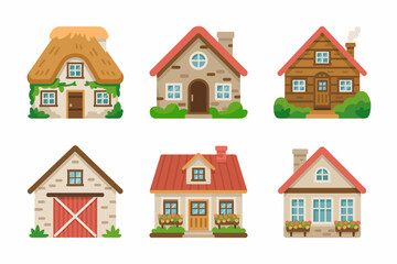 Rustic farmhouse illustrations, countryside cottages, traditional village homes, vintage architecture, cozy rural living, old fashioned houses