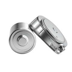 Two CR2025 lithium batteries both sides isolated. 3D rendering illustration. Transparent PNG image.