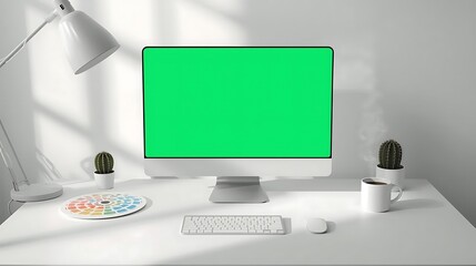 Minimalist home office setup with a desktop computer mockup featuring a green screen, set on a sunlit white desk with plants and coffee
