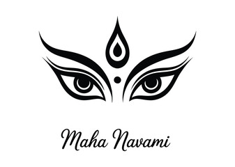 Maha Navami illustration with stylized eyes, bindi, and decorative flourishes symbolizing Goddess Durga, paired with elegant festival text