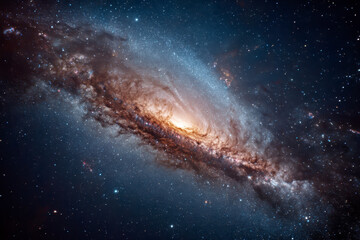 Spiral galaxy glowing with bright core and swirling dust lanes in deep space, surrounded by countless stars and cosmic clouds, evoking wonder and vastness of universe