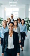 Diverse business team walking forward in office hallway
