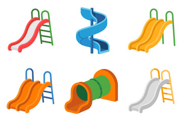 Children�s playground slide collection, outdoor fun equipment, colorful play structures, backyard activity park, amusement entertainment, recreational design