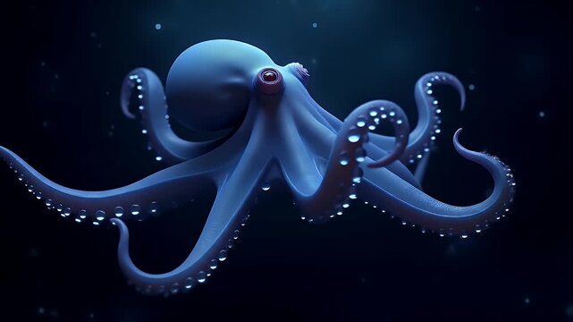A dumbo octopus floating in the dark deep ocean with soft glowing bioluminescence, surreal mysterious marine life concept.