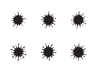 Collection of six black ink splatters on a white background suitable for abstract designs and creative projects
