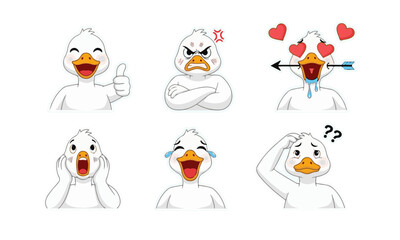 Funny and Cute Cartoon White Duck Character Expressions Set - A collection of hand-drawn sticker-style vector illustrations showing various emotions like happy, angry, in love, shocked, crying,