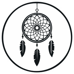 Stylized dreamcatcher graphic with hanging feathers in a decorative circle icon