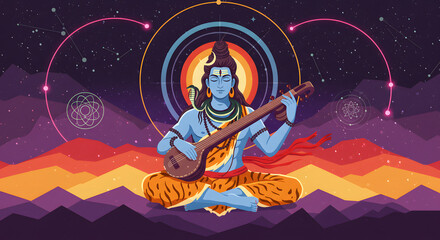 Lord Shiva Playing Veena in Cosmic Universe with Mountains and Constellations - Spiritual, Meditative, Divine Art