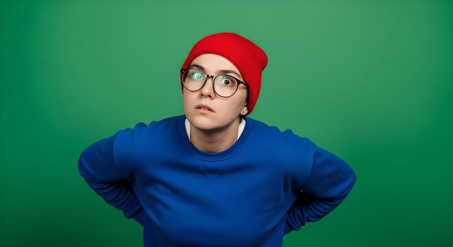 Skeptical Young Person in Red Beanie and Glasses with a Questioning Look