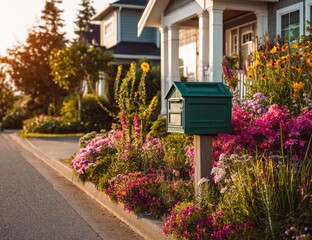 Suburban Mailbox Amidst Vibrant Blossoms at Golden Hour