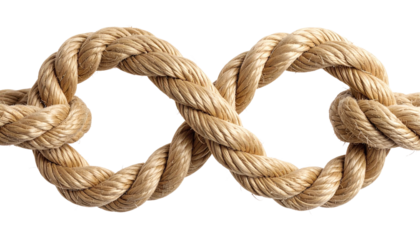 PNG of braided cords tied together in the shape of an infinity symbol, representing a communication concept. Isolated on a clean white background.
