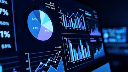Business intelligence and financial performance analysis shown on a digital dashboard with various charts and graphs - Powered by Adobe
