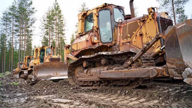Heavy Yellow Bulldozers Parked in Muddy Terrain Near Woods on Cloudy Day