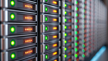 Naklejka premium Renewable energy storage solutions power modern data center server racks with efficient technology and sustainable performance