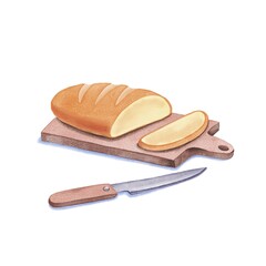 watercolor drawing food illustration, bread on a wooden cutting board and knife isolated at white background