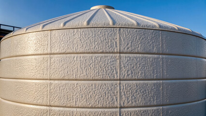 Fototapeta premium Large white storage tank for renewable energy solutions with textured surface under clear blue sky, outdoor utility infrastructure