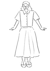 Fototapeta premium A girl standing cheerfully and smiling in pencil hand drawn sketch illustration