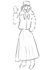 Hand  drawn 6b pencil sketch of a girl waving one's hand while smiling doodle cute aesthetic illustration.