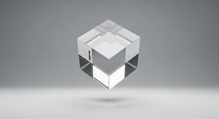A minimalistic presentation of a clear glass cube hovering over a reflective surface with subdued illumination for a