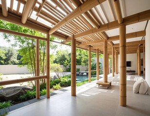 Fototapeta premium Modern Bamboo Structure with Reclaimed Wood and Recycled Metal Details