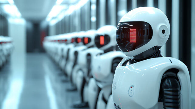 A row of robots are lined up in a room. One of the robots has a red light on its head