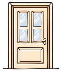 Cartoon illustration of a beige door with glass windows and a handle