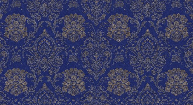 Luxurious Seamless Damask Pattern in Royal Blue and Gold for Elegant Design Projects and Decorative Backdrops