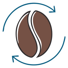 Coffee bean icon with circular arrows, concept of processing or recycling