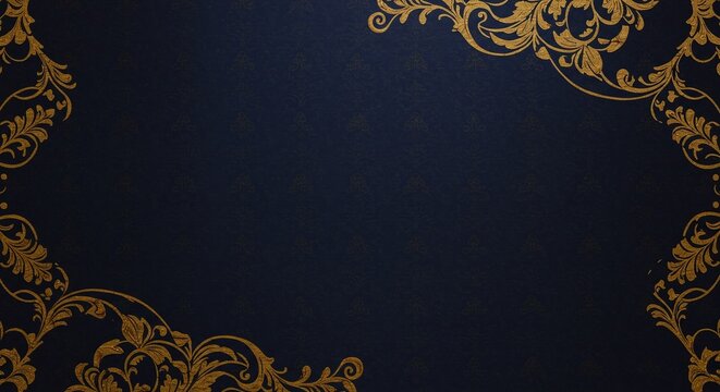 Elegant golden ornamental filigree border on a classic dark blue background