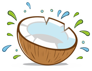 Cartoon illustration of a cracked coconut with water and splashes