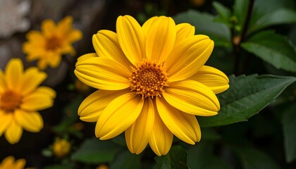 Obraz premium A vibrant close-up of a radiant yellow flower, showcasing intricate details of its petals and center, set against a backdrop of out-of-focus greenery.