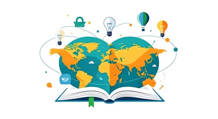 futuristic global travel collage with maps, world map with a teal ocean, education icons like books and bulbs, generative AI elements, symbolic of knowledge exchange, creative bright visuals, 
