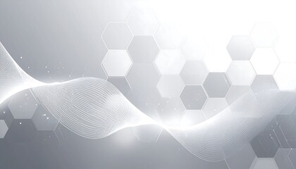 A grayscale abstract design showcases a smooth wave pattern overlaying a hexagonal grid, creating a sophisticated and modern aesthetic.