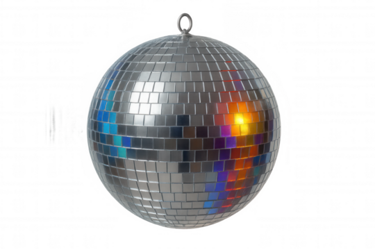 Classic disco ball reflecting colorful light, isolated on transparent background, perfect for party and celebration visuals
