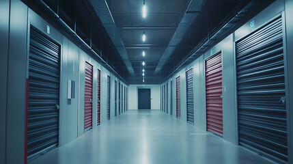 Fototapeta premium A long hallway with many doors, some of which are red. The hallway is empty. There are no people in the hallway