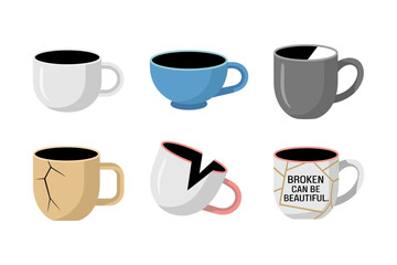 Cracked ceramic mug vector illustrations, broken coffee cup with chips and fractures, pottery damage icons, kitchenware accident clipart