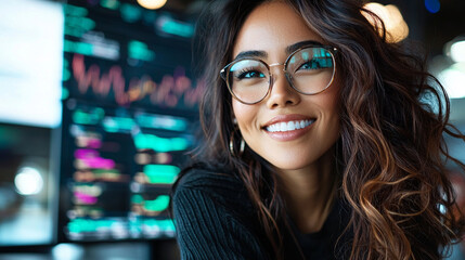 Close-Up Portrait of a Smiling Woman Wearing Glasses Against a Digital Finance Analysis Background