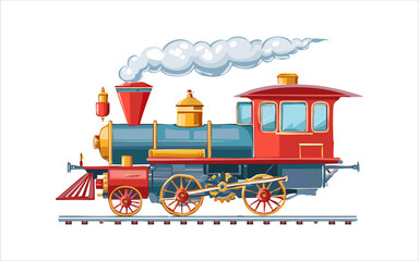 Classic steam locomotive with puffing smoke on tracks, a vibrant and detailed vintage train illustration for transportation and travel themes